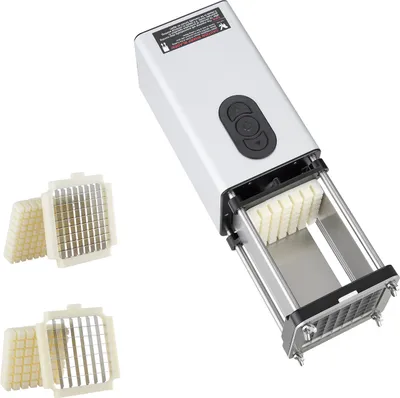Image de SucceBuy Coupe-frites électrique, coupe-pommes de terre avec lames en acier inoxydable de 1/2 pouce et 3/8 pouce, coupe-pommes de terre hachoir avec pieds antidérapants