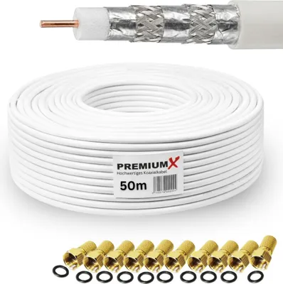 Produktbild von PremiumX 50m BASIC PRO Koaxialkabel 135dB 5-fach SAT Koax Kabel 10x F-Stecker