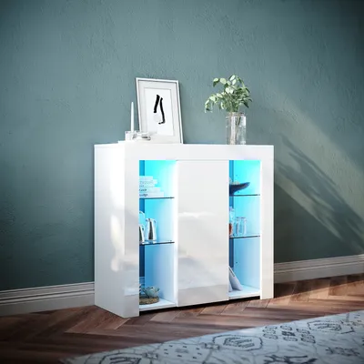 Produktbild von SONNI weiß hochglanz Kommoden 90x35x83cm mit 12-farbig einstellbare LED-Beleuchtung und Gehärtetes Glas Wohnzimmerschränke