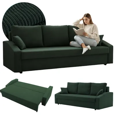 A collage of images showing a green sofa bed in different configurations and a woman reading on it.