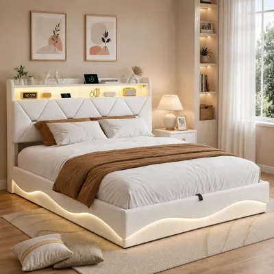 Obrázek produktu pro Postel INONEFT, rozměr 160x200 cm, čalouněná, s LED osvětlením a USB porty, hydraulický úložný prostor, postel pro mládež s úložným prostorem v čele, barva: béžová sametová, Obrázek vytvořený pomocí AI