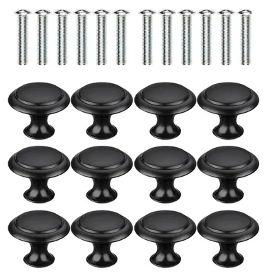 Image de Boutons de meubles noirs, lot de 12, poignées rondes pour armoires, vis de 22 mm, boutons noirs pour armoires de cuisine, poignées de tiroirs