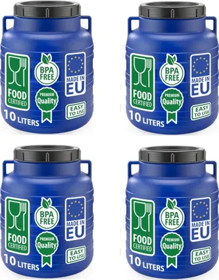 Produktbild von 4er Set Weithalsfass Sauerkrautfass Fasssilage Regen Fass Gepäcktonne Camping 10 Liter mit Deckel blau
