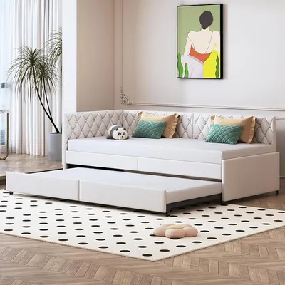 Image de Canapé-lit convertible 90x200 cm en velours beige - Lit de jour 3-en-1 avec sommier à lattes - Lit rembourré idéal pour les chambres d'amis et les chambres d'adolescents - Lit double gain de place, extensible jusqu'à 180x200 cm