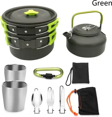 Immagine prodotto di Set di pentole per esterni, set di stoviglie, 8 pezzi/set, set di pentole portatili per 2-3 persone, campeggio, escursioni, picnic, viaggi, verde
