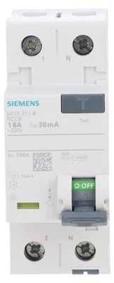 Imagen del producto de Interruptor diferencial Siemens 2x16A, modelo 5SV33116, tipo A, 16A, 1+N polos, 30mA, 230V, 2TE