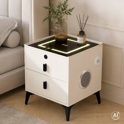 Immagine prodotto di Comodino moderno e intelligente, con serratura a impronta digitale e ricarica, colore avorio