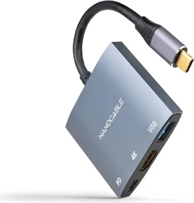 Produktbild von Nanocable 10.16.4306 USB Typ-C / HDMI 4K Buchse - USB Buchse - USB Typ-C PD / 15cm / Grau