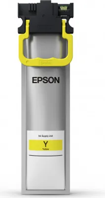 A yellow and silver ink cartridge with the Epson logo.