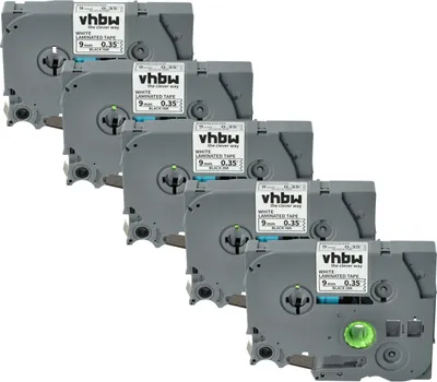 Produktbild von vhbw 5x Schriftband-Kassette kompatibel mit Brother PT 1230PC, 1200P, 1200, 1090, 1080, 1010, 1000-Serie Etiketten-Drucker 8m x 9mm Schwarz auf Weiß