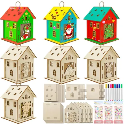 Image de Kit de construction de maison de Noël, comprenant 7 ensembles en bois avec accessoires pour la décoration de Noël