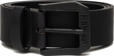 A black leather belt with a black buckle is shown against a white background.