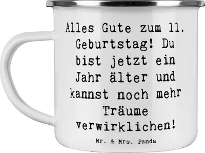Produktbild von Mr. & Mrs. Panda Teetasse Spruch 11. Geburtstag - Weiß - Geschenk, Kindergeburtstag, Geburtstagskind, Teebecher, Emaille Tasse, Haferl, Pott, Happy Birthday, elfter
