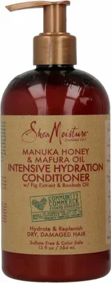 Obrázok produktu pre SheaMoisture Community Commerce Manuka Honey & Nafura Oil Intensive Hydration Conditioner, Unisex, Neprofesionálny vlasový kondicionér, Lesk, Zmäkčovadlo, 384 ml, Water (Aqua), Stearyl Alcohol, Cetyl Alcohol, Butyropermum Parkii (Shea) Butter *, Cocos Nucifera..., Work conditioner through hair from root to ends. Leave on 3 minutes, then rinse.
