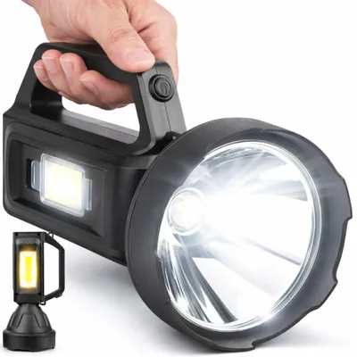 Produktbild von Professionelle LED-Taschenlampe SL-76 von Linomag®, hohe Leistung, seitliches COB-Licht, Solar- und USB-Aufladung, Powerbank-Funktion, wasserfest nach IP65, 20 cm x 9 cm, Schwarz