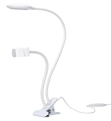 Immagine prodotto di Lampada da scrivania LED portatile da 4W con morsetto per telefono. Regolatore di tonalità e intensità. Braccio flessibile. Colore: bianco