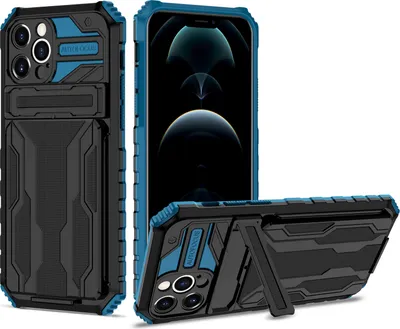 Produktbild von iPhone 12 Pro Max Hülle, Hybrid Robust Schutz Stoßfest Schutzhülle mit Kartenhalter Ständer für iPhone 12 Pro Max Blau