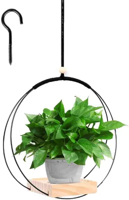 Produktbild von Indoor-Pflanzenstand mit Metallring und Holzstütze, 30 x 30 cm, schwarz, für Zimmerpflanzen, Sukkulenten und Luft- und Trocknepflanzen.