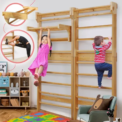 Produktbild von Physionics® Sprossenwand  - mit/ohne Klimmzugstange, für Kinder / Erwachsene, 195x80x14cm, Holz - Kletterwand, Turnwand, Klettergerüst (ohne Klimmzugstange)