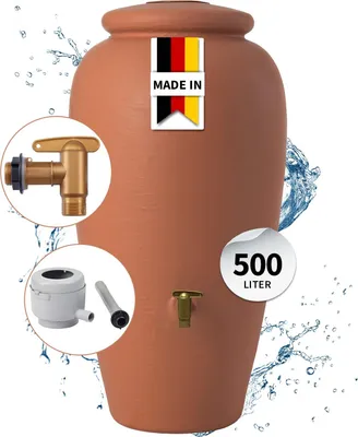 Produktbild von GARANTIA Amphore Regentonnen Komplett-Set 500 Liter terrakotta inkl. Kunststoff-Auslaufhahn und Fallrohranschluss