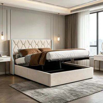 Image de INONEFT, lit capitonné 160 x 200 cm, lit pour adolescents avec éclairage LED et ports de chargement USB, lit double avec espace de rangement pour la chambre, en velours, couleur beige
