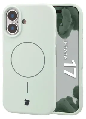 A light green iPhone case with a magnetic ring and a small black graphic is shown next to an iPhone 17.