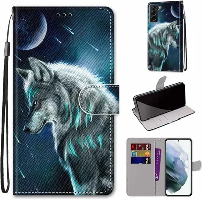 Imagen del producto de Funda de König Design compatible con Samsung Galaxy S22 Plus 5G, hecha de cuero sintético, para teléfono móvil. Diseño: Lobo pensativo