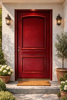 Immagine prodotto di Porta d'ingresso in legno pieno con carena rossa porpora, H.215xL.90 cm, lato tavolo, a destra, maniglia, cilindro GD MENUISERIES