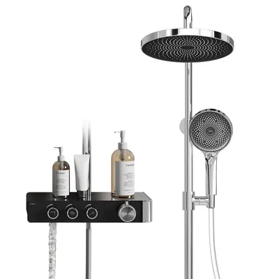 A modern shower system with a large round showerhead, a handheld showerhead, and a control panel with bottles of soap and lotion on a shelf.