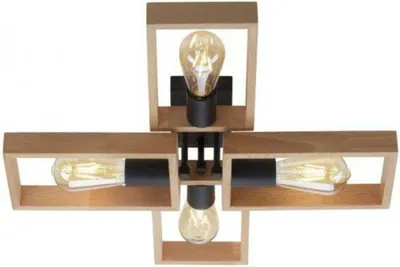 Image de Plafonnier, bois naturel, noir, 4 flammes, L 62 cm