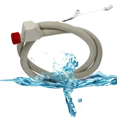 A washing machine inlet hose with an Aquastop safety feature, partially submerged in water.