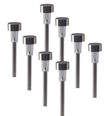 Produktbild von 8er-Set LED Solar-/Erdspieß "EDDA", Lampe für den Außenbereich im Modern-Style, aus Metall und Kunststoff in stahl-blank, 36,5 cm hoch, Ø 5,5 cm, LED Platine – mit Dämmerungssensor – Dämmerungssensor