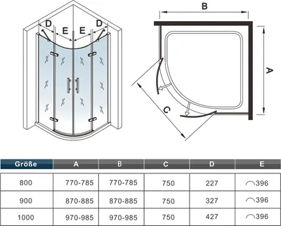Produktbild von Duschtür 80x80x195cm Duschkabine Runddusche Viertelkreis 6mm ESG NANO Glas