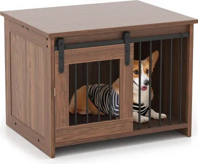 Image de Cage pour chien avec porte coulissante, métal et bois, 80 x 60 x 60 cm