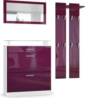 Produktbild von Vladon Garderobe Loret mini, Garderobenset bestehend aus 1 Schuhschrank, 1 Wandspiegel und 2 Garderobenpaneele, Weiß matt/Brombeer Hochglanz