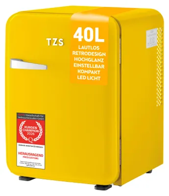 Produktbild von TZS First Austria - Retro Mini Kühlschrank 40L lautlos - Minibar im Vintage-Design mit Innenbeleuchtung & 2 Türfächern - Gelb