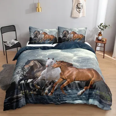 Immagine prodotto di Set di lenzuola a tema cavallo, 155x220 cm, 2 federe 80x80 cm, in microfibra, per bambini