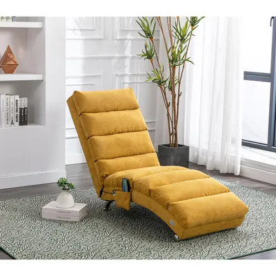 Imagen del producto de Sillón de masaje MODFU con respaldo reclinable hasta 140°, sillón relax con función de vibración suave, tumbona fija con bolsillo lateral, silla de escritorio tapizada en lino, color mostaza