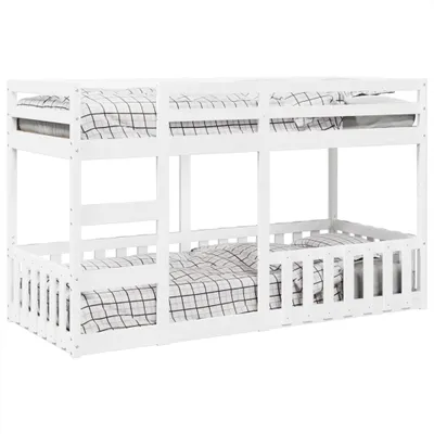 A white wooden bunk bed with checkered bedding.