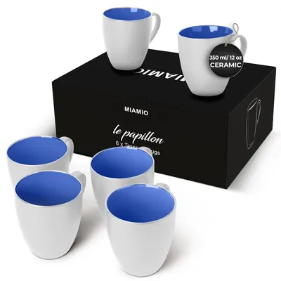 Produktbild von Kaffeebecher Kaffeetasse Tasse - 6 Stück - 350 ml - Keramik - Weiß mit Blau