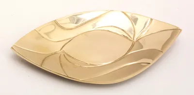 Produktbild von Kerzenteller Messing Gold poliert Blattform (Innen 9 x 5,5 cm, Außen 21 x 11 cm) für Ovalkerzen, Ellipsenkerzen, Kugelkerzen