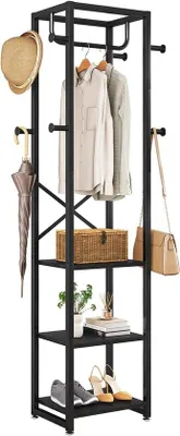 Zdjęcie produktu dla Wolnostojący wieszak na ubrania z półkami i haczykami – wszechstronny, w stylu industrialnym – czarny – 180 x 40 x 30 cm