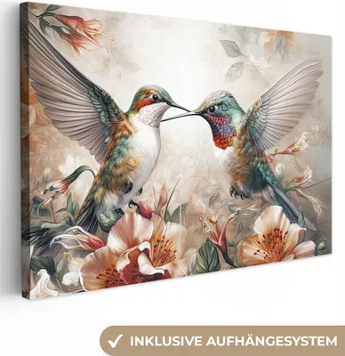 Produktbild von OneMillionCanvasses® - Leinwandbilder - 140x90 cm, Kolibri - Vögel - Blumen - Natur, Wandbilder Kunstdruck Wanddekoration - Foto auf Leinwand - Gemälde auf Holzrahmen