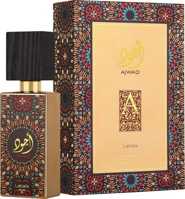 A perfume bottle and its packaging are displayed against a white background.