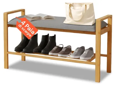 Schoenenbank aus Bambus, gepolsterte Sitzfläche, 49,5x87,5x30 cm, grau