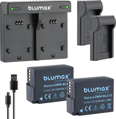 Produktbild von 2x Akku + Lader für Panasonic DMW-BLC12 DMC-FZ1000  FZ2000 GH2 G5  1100 mAh
