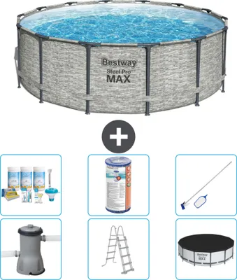 Zdjęcie produktu dla Basen Bestway Round Steel Pro MAX - nadruk kamienny - 427 x 122 cm - w tym pompa - drabinka - pakiet konserwacyjny pokrywy - filtr - zestaw do czyszczenia