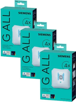 Three boxes of Siemens vacuum cleaner bags are arranged diagonally.