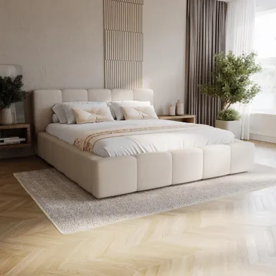 A modern bedroom with a large bed.