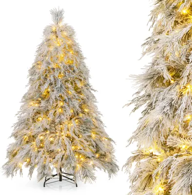 Image de COSTWAY Arbre de Noël artificiel avec neige, Sapin avec lumières LED blanc chaud & 519 pointes de branches, Sapin de Noël avec support métallique, Arbre artificiel pour décoration de fête Indoor Outdoor (180cm)